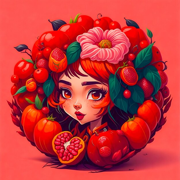 Ilustração de uma garota bonita em moldura de frutas de design redondo