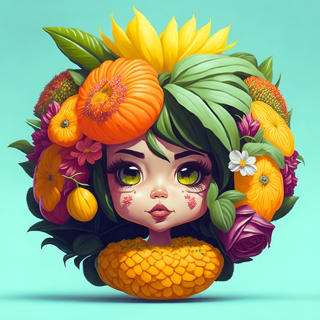 Foto ilustração de uma garota bonita em moldura de frutas de design redondo