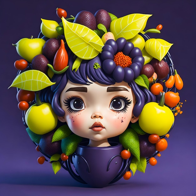 Ilustração de uma garota bonita em moldura de frutas de design redondo