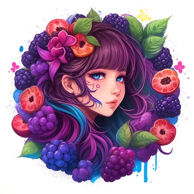 Ilustração de uma garota bonita em moldura de frutas de design redondo