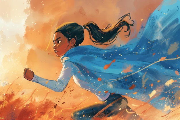 Ilustração de uma garota correndo vestindo uma capa azul de super-herói