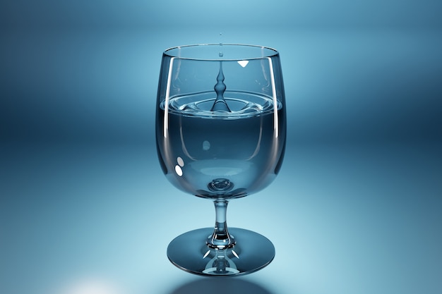 Foto ilustração de uma gota 3d de água pingando em uma taça de vidro em um fundo azul