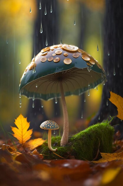 ilustração de uma gota de chuva batendo em um cogumelo selvagem ai generativo