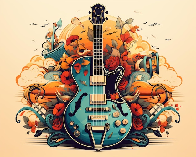 ilustração de uma guitarra com um desenho floral ai generativo
