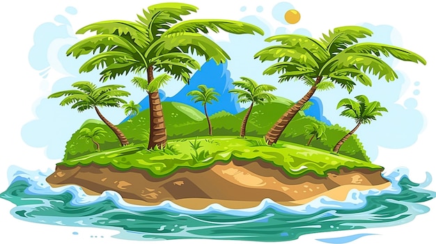 Foto ilustração de uma ilha tropical com palmeiras e ondas desenho de montanhas aleluia