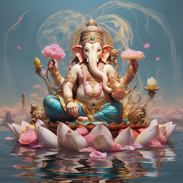 ilustração de uma imagem de Deus Ganesha sentado à beira da água