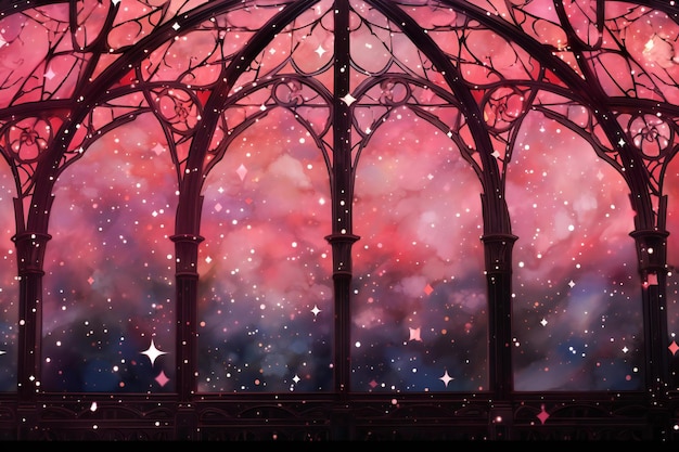 Ilustração de uma janela gótica à noite com estrelas e corações