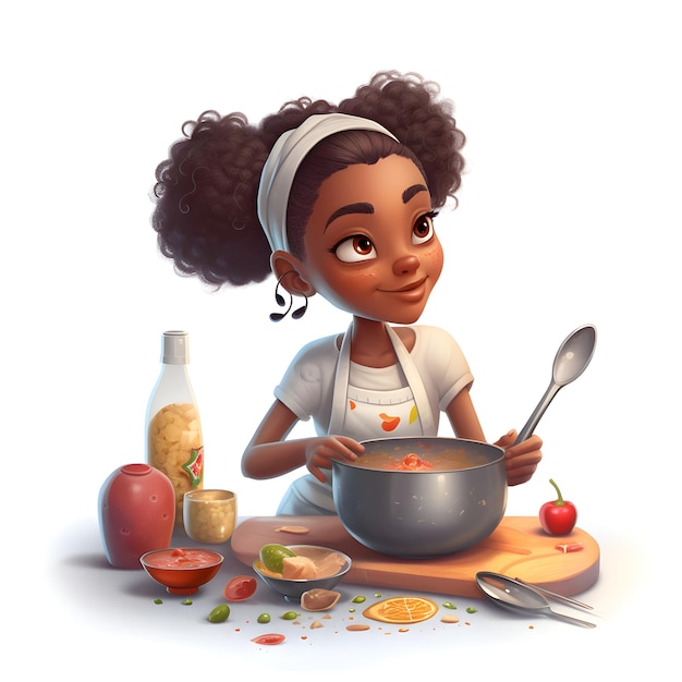 Ilustração de uma linda garota afro-americana cozinhando na cozinha