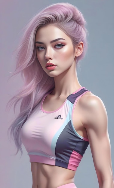 Ilustração de uma linda garota com cabelo rosa em roupa esportiva