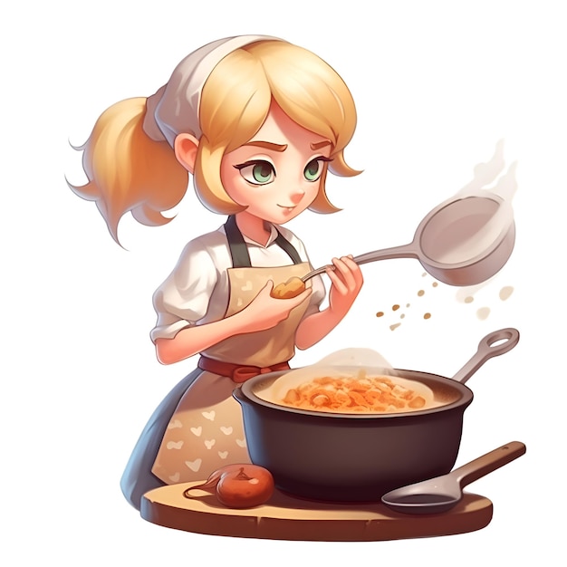 Ilustração de uma linda garota de desenho animado cozinhando em uma panela com uma colher