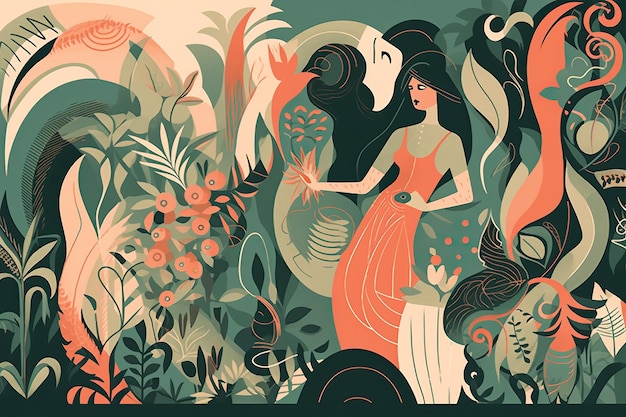 ilustração de uma linda garota em um vestido longo no fundo da natureza