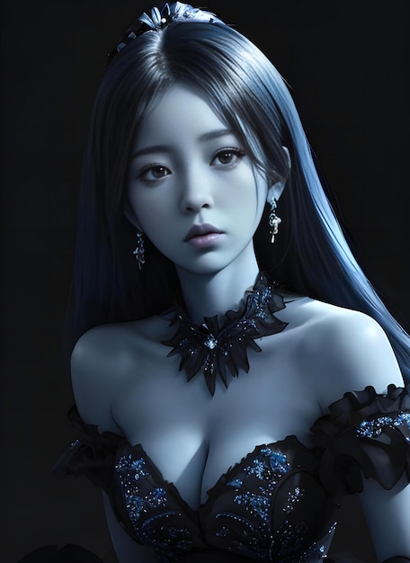 Ilustração de uma linda garota gótica de vestido azul