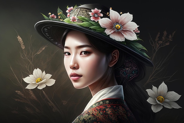 Ilustração de uma linda garota usando um chapéu chapéu tradicional coreano decorando com flores geração AI