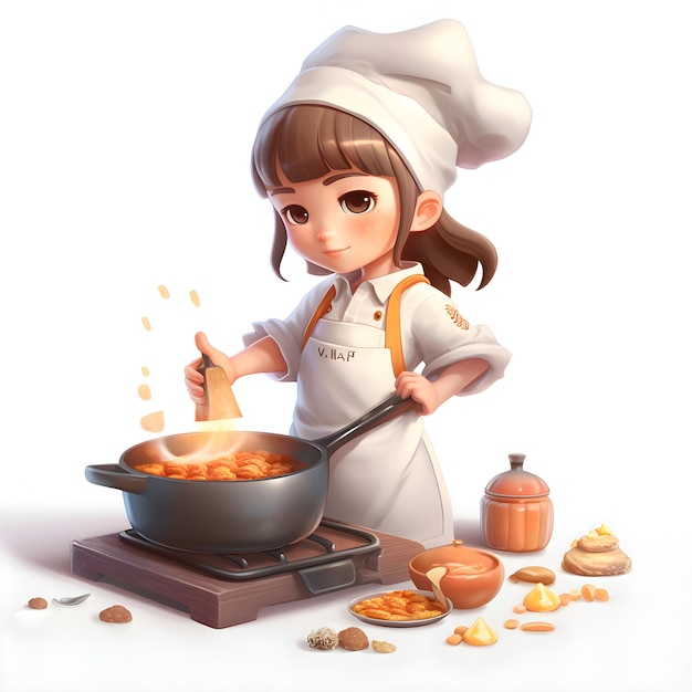 Ilustração de uma linda menina chef com uma panela de comida