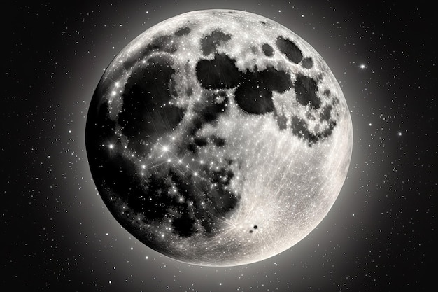 Ilustração de uma lua cheia de perto e com estrelas ao fundo