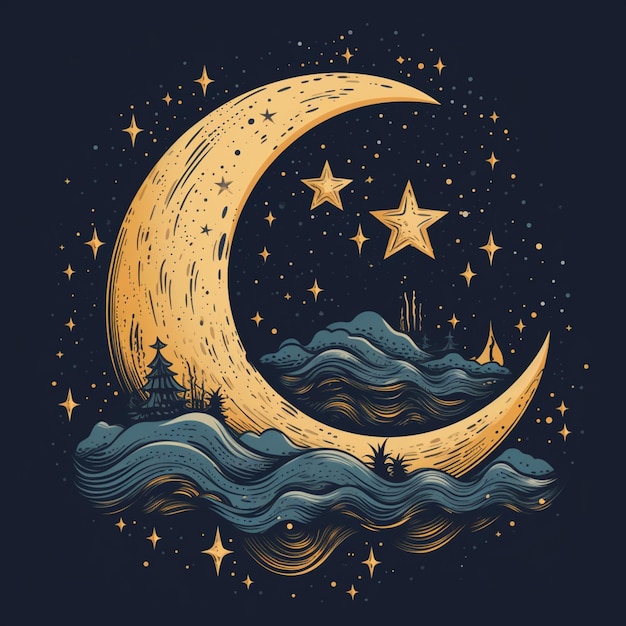 ilustração de uma lua crescente com uma estrela e ondas no fundo ai generativa
