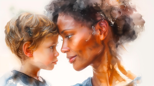 Ilustração de uma mãe afro-americana com seu filho branco caucasiano