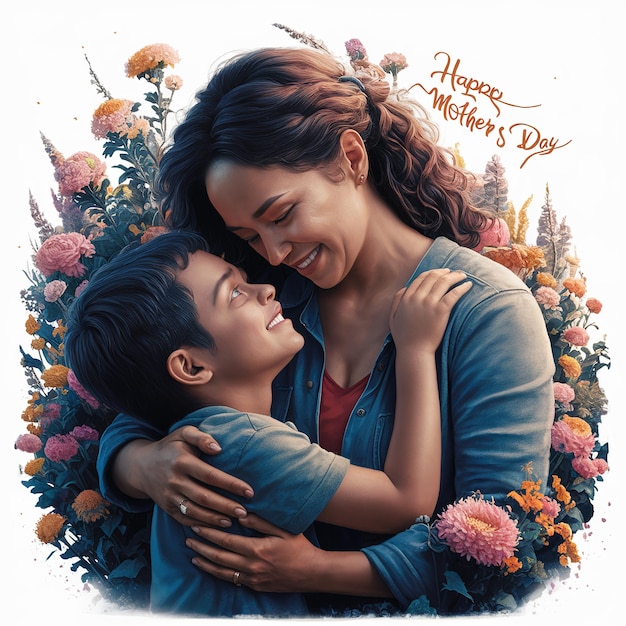 Ilustração de uma mãe e seu filho se abraçando isolados em fundo branco