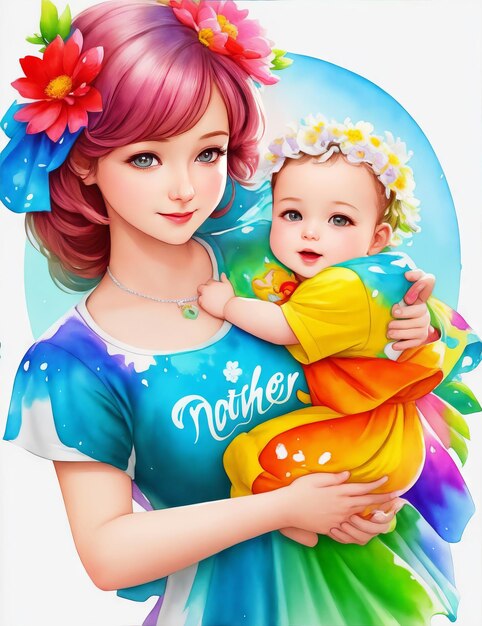 Ilustração de uma mãe segurando sua filha com IA geradora de espectro de flores