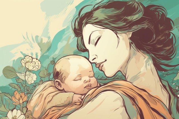 Ilustração de uma mãe segurando um bebê nos braços no dia das mães