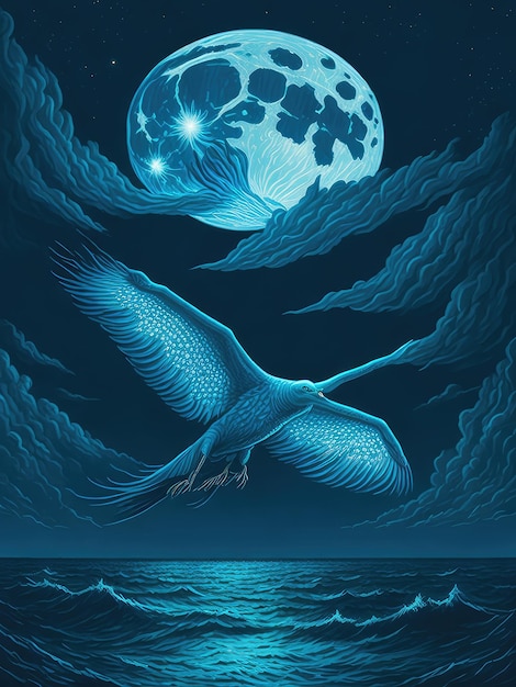 Ilustração de uma majestosa gaivota voando sob o brilho luminoso de uma lua cheia criada com a tecnologia Generative AI