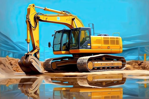 Ilustração de uma máquina de escavação para construção em amarelo escuro e azul claro Generative AI