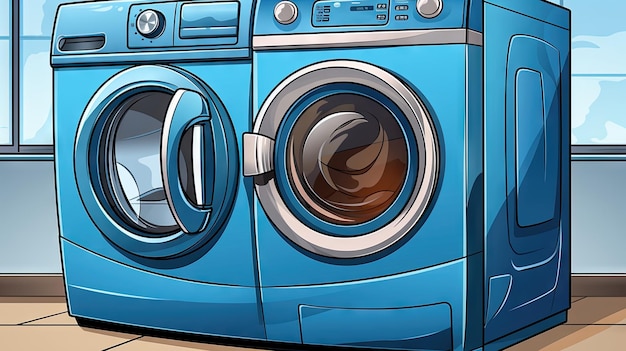 Ilustração de uma máquina de lavar azul em uma sala em casa