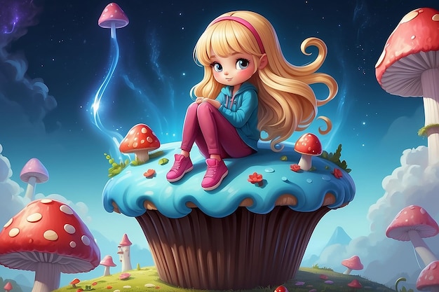 Ilustração de uma menina com cabelos loiros longos sentada em uma postura pensativa em um cupcake enorme parecido