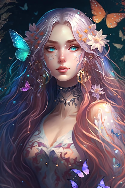 Ilustração de uma menina com olhos azuis de cabelo comprido e cercada por borboletas coloridas