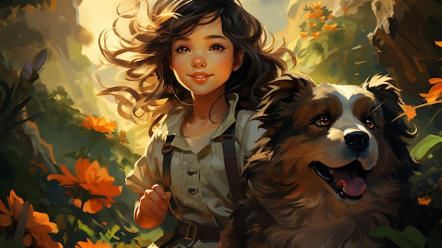 ilustração de uma menina com um cão na floresta no outono