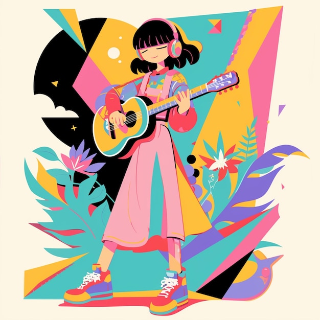Foto ilustração de uma menina com uma guitarra em um fundo colorido generativo ai