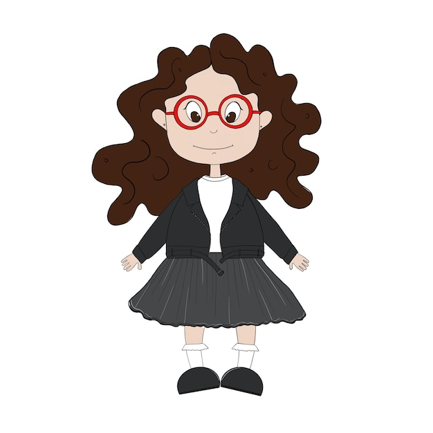 ilustração de uma menina com uma jaqueta de couro e saia preta com cabelo ondulado escuro