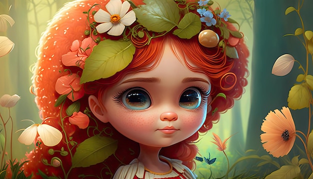 Ilustração de uma menina doce e bonita cercada por flores Conceito de primavera Personagem de conto de fadas Generative AI
