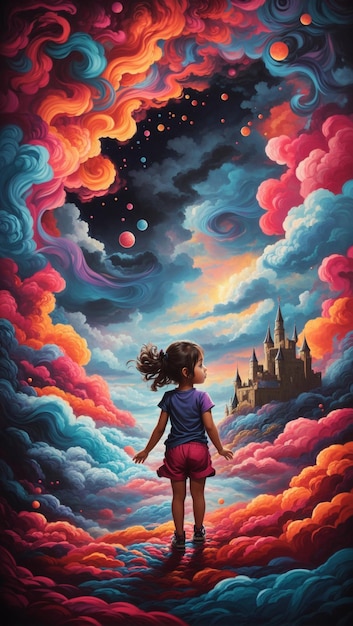 Ilustração de uma menina explorando um castelo de fantasia surreal com nuvens coloridas