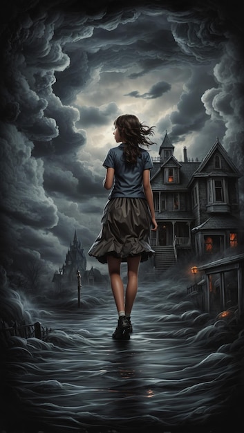 Ilustração de uma menina explorando uma assustadora casa assombrada de Halloween com nuvens escuras e tempestuosas