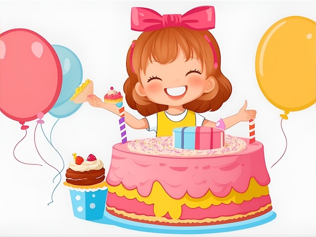 Ilustração de uma menina feliz e seu bolo de aniversário Generative AI