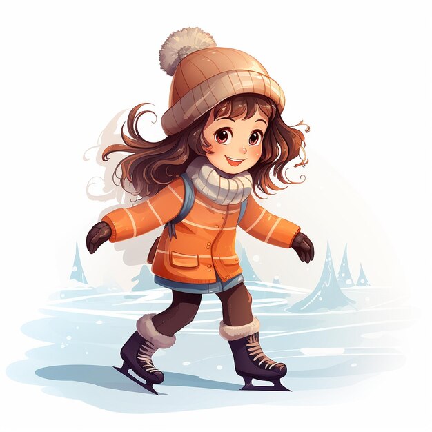 Ilustração de uma menina patinando no gelo com fundo branco