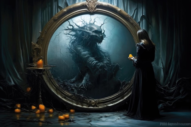 Ilustração de uma menina que passa uma sessão de magia olhando para um grande espelho e vê um monstro em vez de um reflexo o conceito de ser honesto com si mesmo