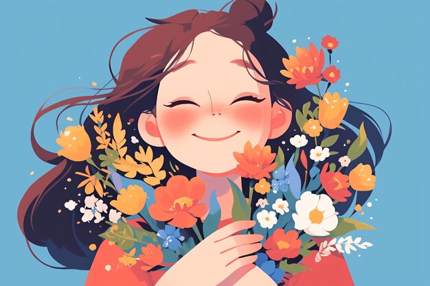 Ilustração de uma menina segurando flores nas mãos conceito de Dia dos Professores de Ação de Graças e Dia das Mães i