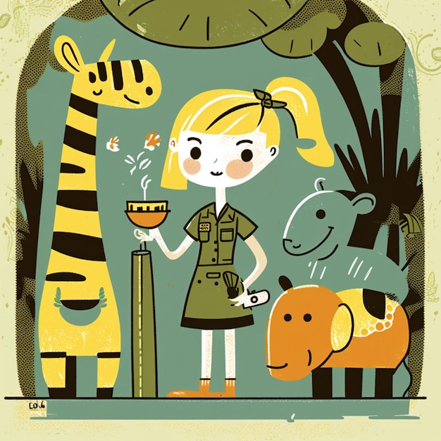 ilustração de uma menina segurando uma tigela de comida com uma girafa e uma zebra generativa ai