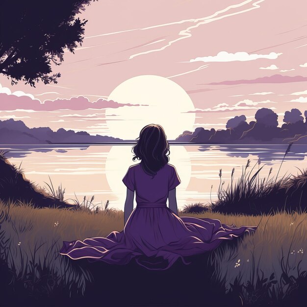 Ilustração de Uma menina sentada na grama ao lado do rio