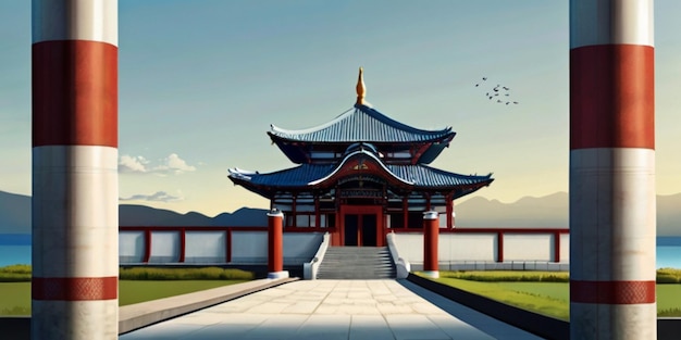 ilustração de uma mesquita com vista para o Japão ou a Coreia