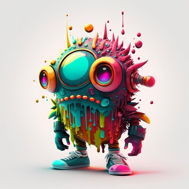 Ilustração de uma mistura entre cyberpunk e steampunk Monster design 3D com metade do corpo do robô