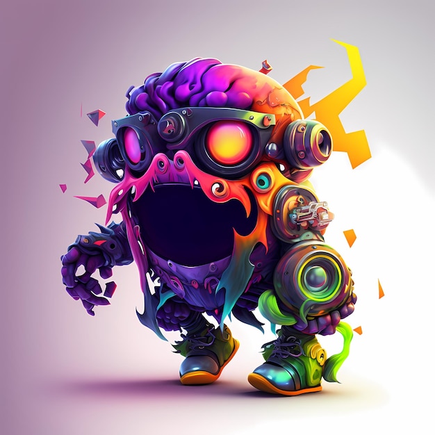 Ilustração de uma mistura entre cyberpunk e steampunk Monster design 3D com metade do corpo do robô