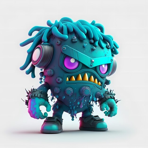 Ilustração de uma mistura entre cyberpunk e steampunk Monster design 3D com metade do corpo do robô