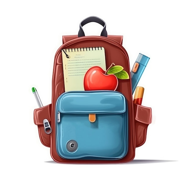 Foto ilustração de uma mochila escolar com lápis, livros didáticos e maçãs em um fundo branco