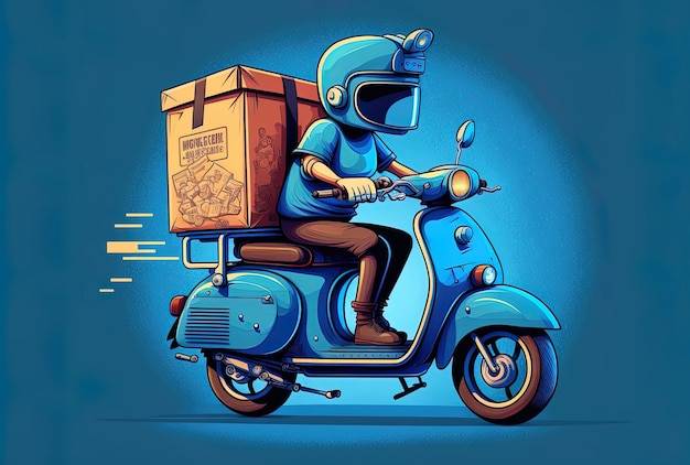 Ilustração de uma moto ou scooter de entrega pela internet com um pano de fundo azul