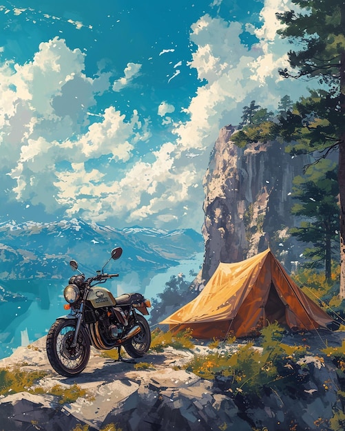 Ilustração de uma motocicleta estacionada ao lado de uma tenda no lado do penhasco
