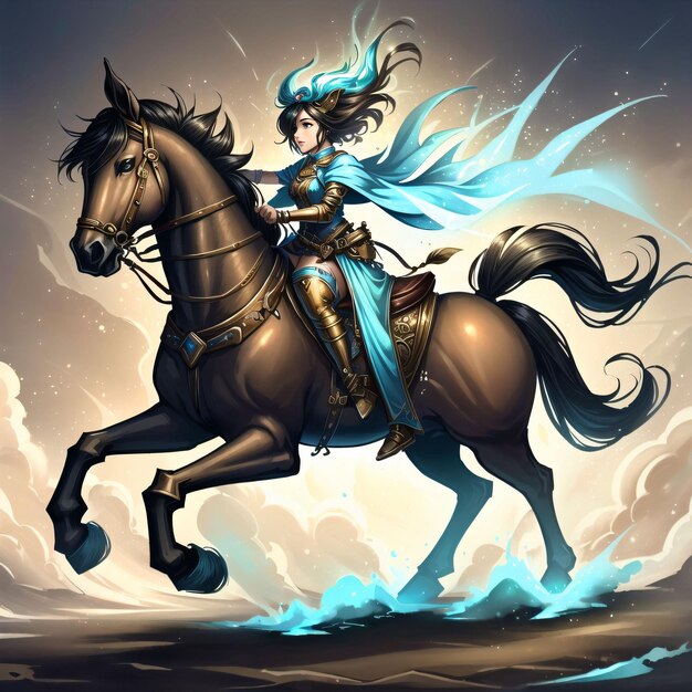 Ilustração de uma mulher Aetherpunk andando a cavalo