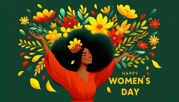 Ilustração de uma mulher africana feliz com flores de primavera vibrantes celebrando o Dia da Mulher Feliz